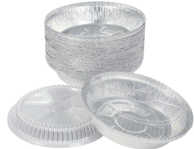 ProPac & Seal 7 Inch Round Aluminum Pans with Lids Disposable Foil Pan with Clear Dome Top, Aluminum Tin for Roasting Baking Cooking PACK OF