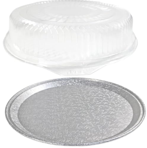 PROPAC & SEAL 16" Round Flat Aluminum Foil Cater Trays with Clear Dome Lids - Disposable Stackable Serving Platters for Parties, Holidays, Events, and Buffet Pack of